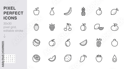 Fruits line icon set. Coconut, peach, apple, strawberry, pineapple, melon, pomegranate, mango minimal vector illustration. Simple outline sign for healthy food. 30x30 Pixel Perfect, Editable Stroke