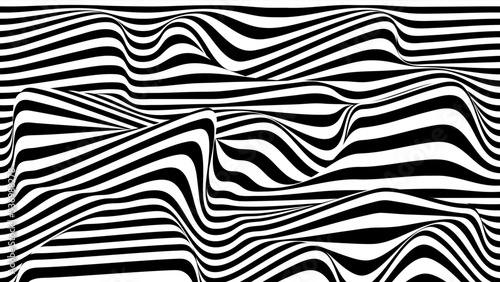 Psychedelic optical illusion. Abstract vector distorted background with black and white lines. Op art pattern textures.