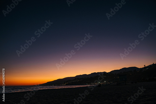 Will Rogers Beach State Park after beautiful sunset purple orange twilight in Los Angeles California. Cityscape background with text copy space