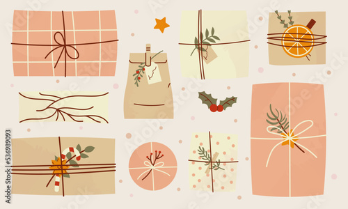 Cute Christmas gifts in kraft paper clipart. Flat Vector Illustration of wrappings and presents isolated on white background.