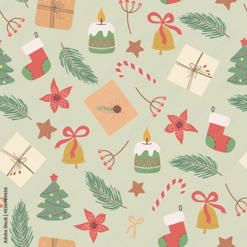 Fototapeta premium Christmas holiday flat vector seamless pattern. Traditional xmas attributes decorative backdrop.