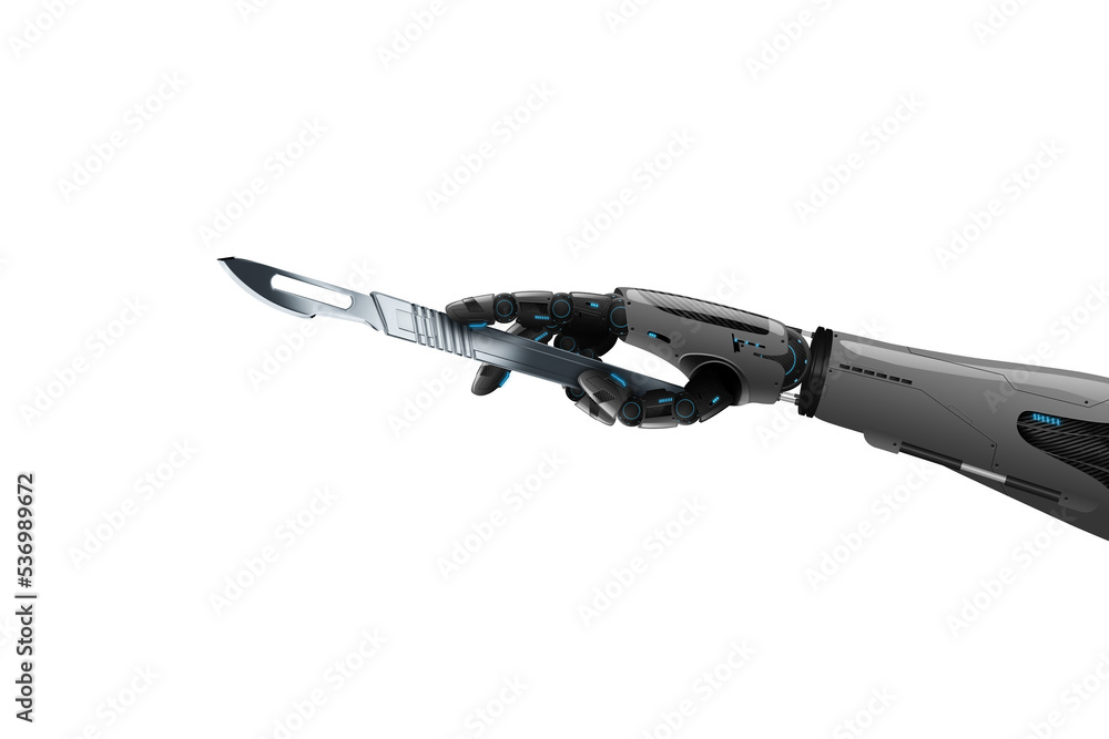The robot hand holds a scalpel close-up, artificial intelligence performs an operation. The concept of medicine of the future, a robot for surgery. 3D illustration, 3D render. The robot hand holds a scalpel close-up, artificial intelligence performs an operation. The concept of medicine of the future, a robot for surgery. 3D illustration, 3D render.
