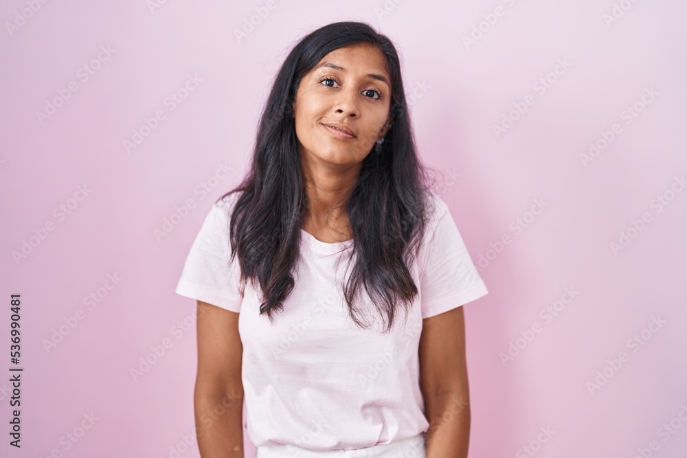 Young hispanic woman standing over pink background relaxed with serious expression on face. simple and natural looking at the camera. Young hispanic woman standing over pink background relaxed with serious expression on face. simple and natural looking at the camera.