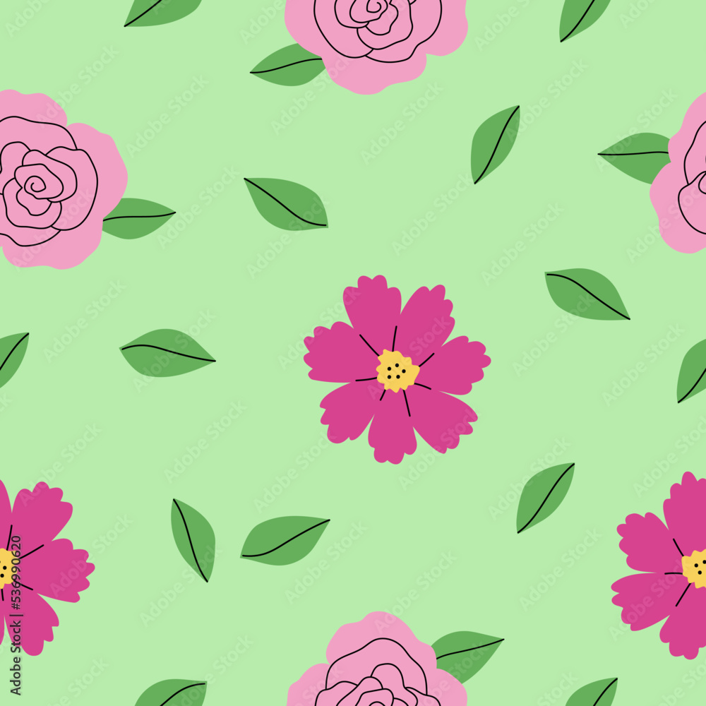 Seamless pattern with flowers and leaves on a green background. Gentle vector wallpaper in hand-drawn flat style. Perfect for textiles, clothing, stationary, tableware design