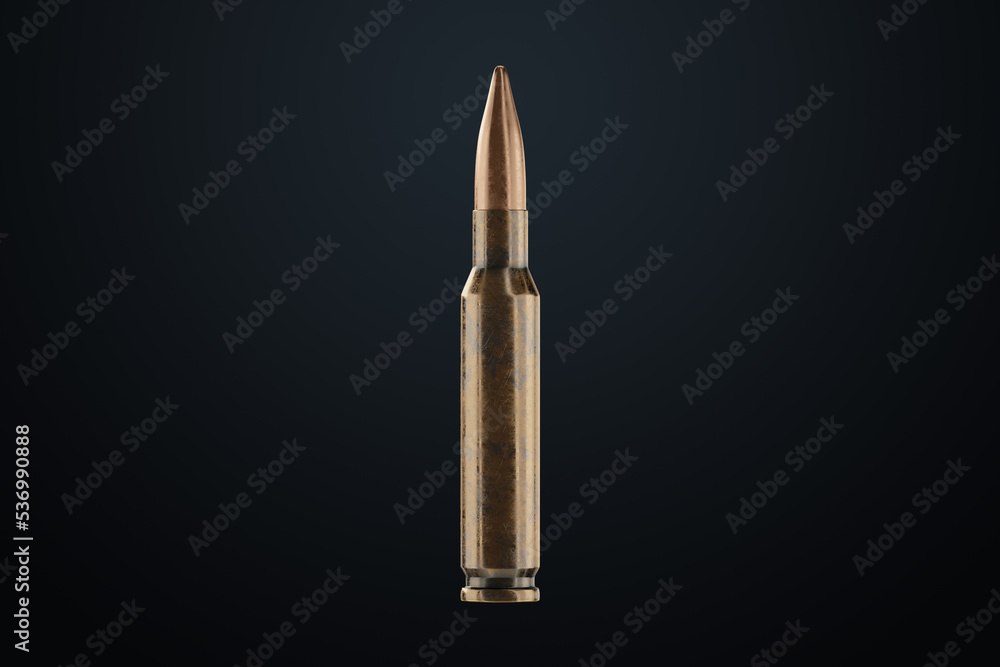 Bullet isolated on Dark background. The concept of war, combat clash. Cartridges for a rifle. 3D illustration, 3D render. Bullet isolated on Dark background. The concept of war, combat clash. Cartridges for a rifle. 3D illustration, 3D render.