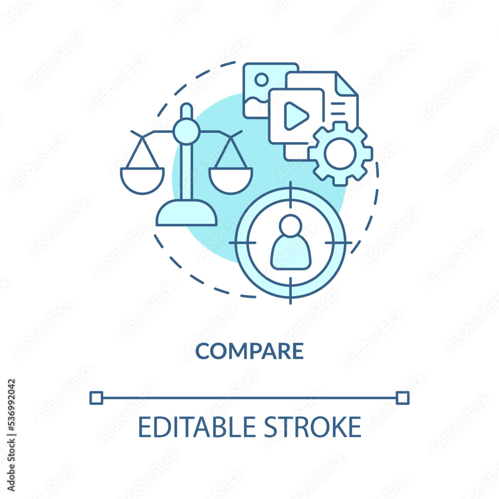 Compare and analyze turquoise concept icon. Provide relevant personalization abstract idea thin line illustration. Isolated outline drawing. Editable stroke. Arial, Myriad Pro-Bold fonts used Compare and analyze turquoise concept icon. Provide relevant personalization abstract idea thin line illustration. Isolated outline drawing. Editable stroke. Arial, Myriad Pro-Bold fonts used