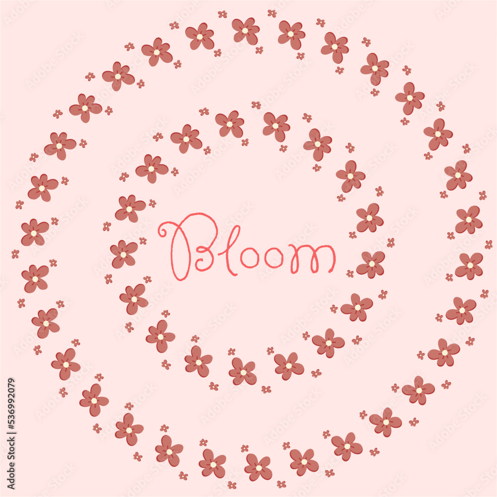 Pink flowers wreath vector. Natural round frame with  hand drawn modern Japanese style flowers isolated on light pink background. Design for invitation, wedding or greeting cards.