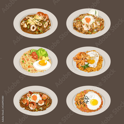 Set of fried rice. Indonesian food. Watercolor vector illustration.