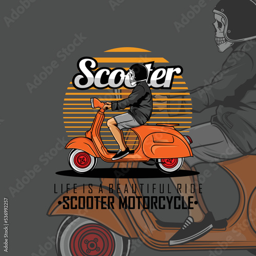SKULL RIDING SCOOTER MOTORCYCLE ILLUSTRATION WITH A WHITE BACKGROUND