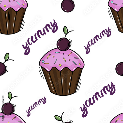 seamless pattern with cupcakes and cherries