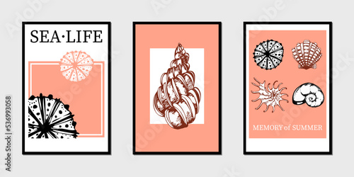 stylish vector set of poster layouts with hand-drawn stylized shells and lettering.Restrained pink gamma posters for needlework,design,advertising.