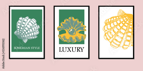 a set of three stylish posters with hand-drawn pearl mussels. Stylized shells in yellow-orange colors for summer memories.