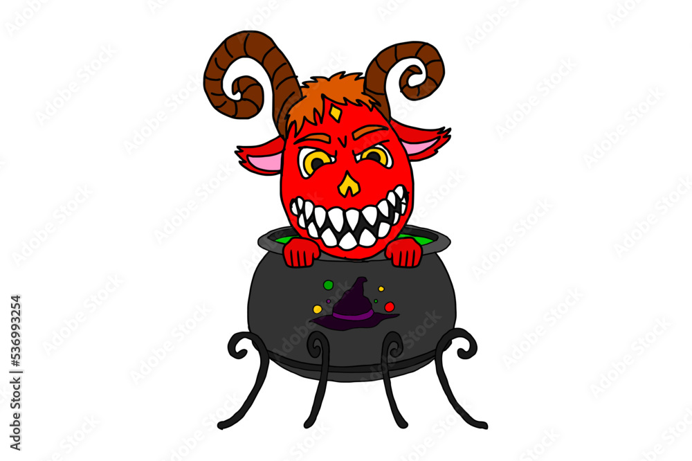 Fototapeta premium Halloween Smiling Red Demon in The Cauldron