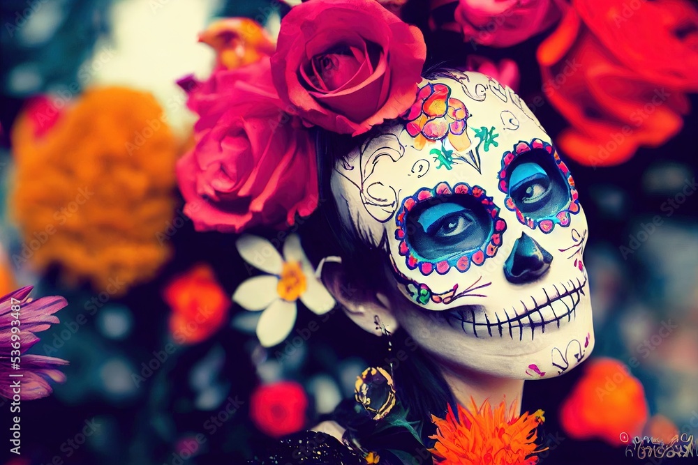 Day of the Dead, Sugar Skull, Woman, Made by AI, Artificial Intelligence Day of the Dead, Sugar Skull, Woman, Made by AI, Artificial Intelligence