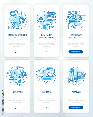 Analyze customer behavior blue onboarding mobile app screen set. Walkthrough 3 steps editable graphic instructions with linear concepts. UI, UX, GUI template. Myriad Pro-Bold, Regular fonts used