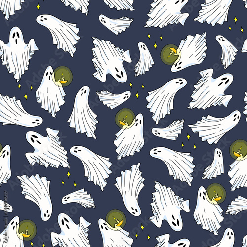 Spooky Halloween Seamless Pattern with Ghosts