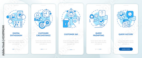 Improve customers experience blue onboarding mobile app screen. Walkthrough 5 steps editable graphic instructions with linear concepts. UI, UX, GUI template. Myriad Pro-Bold, Regular fonts used