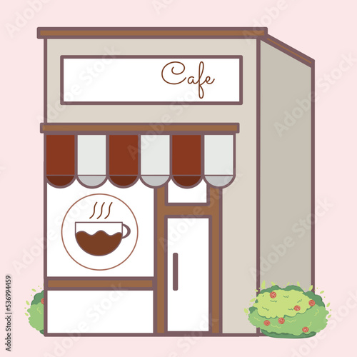 Hand drawn vector  cute red, brown and gray coffee shop with small bushes isolated on light pink background © Grandmadraws