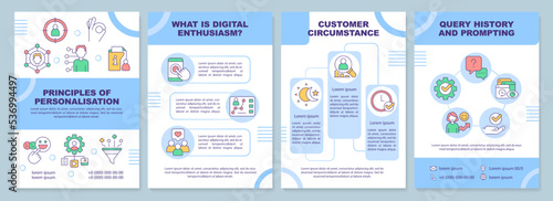 Principles of personalization blue brochure template. Leaflet design with linear icons. Editable 4 vector layouts for presentation, annual reports. Arial-Black, Myriad Pro-Regular fonts used