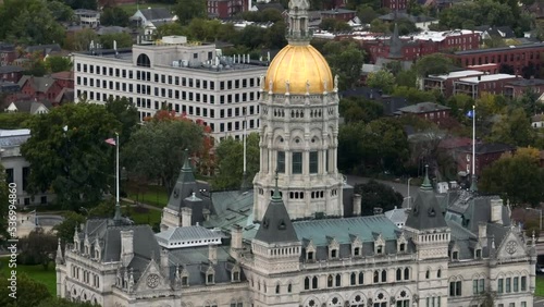 Connecticut state capitol building in Hartford CT. Long aerial zoom view. photo