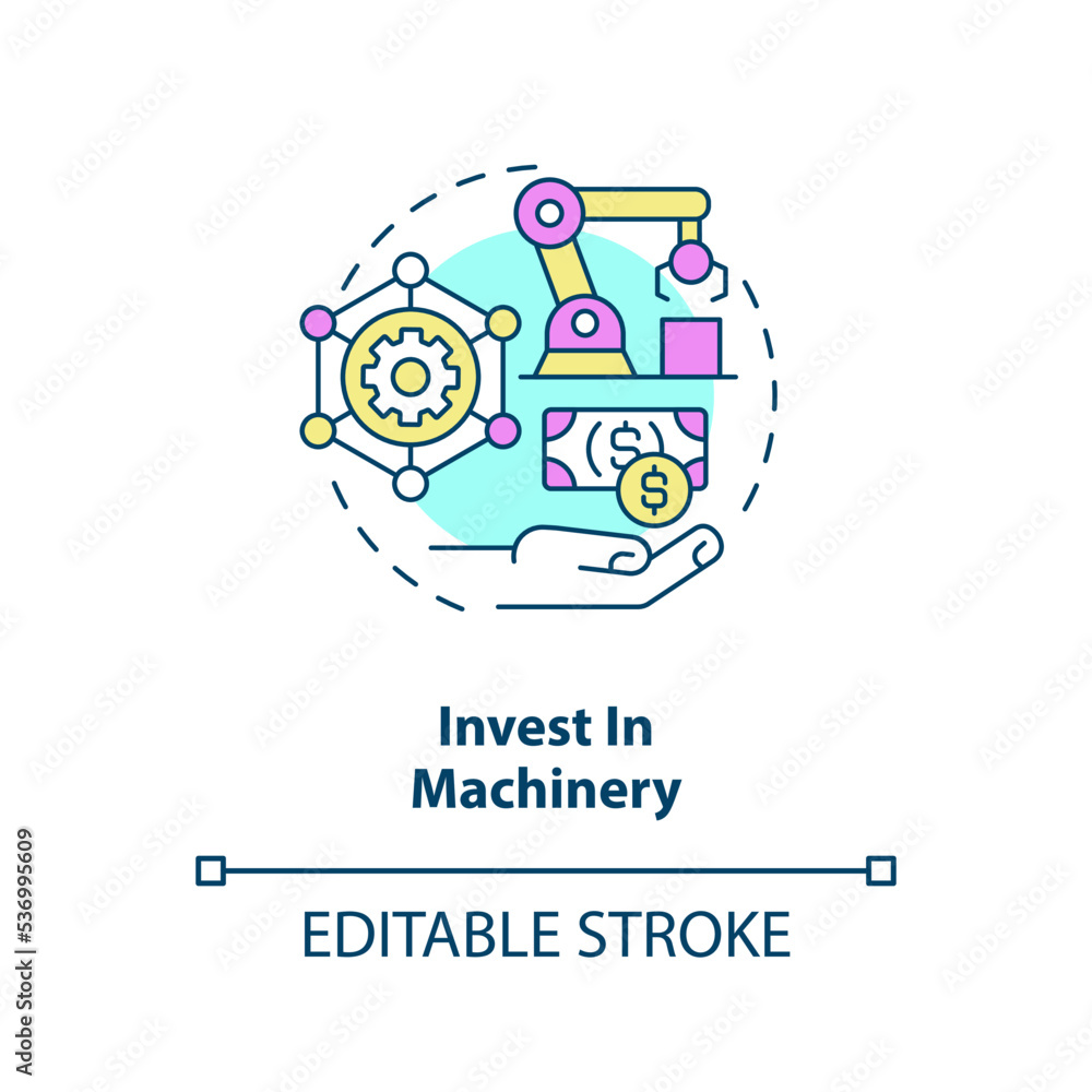 Invest in machinery concept icon. Technology integration. Improving product quality abstract idea thin line illustration. Isolated outline drawing. Editable stroke. Arial, Myriad Pro-Bold fonts used