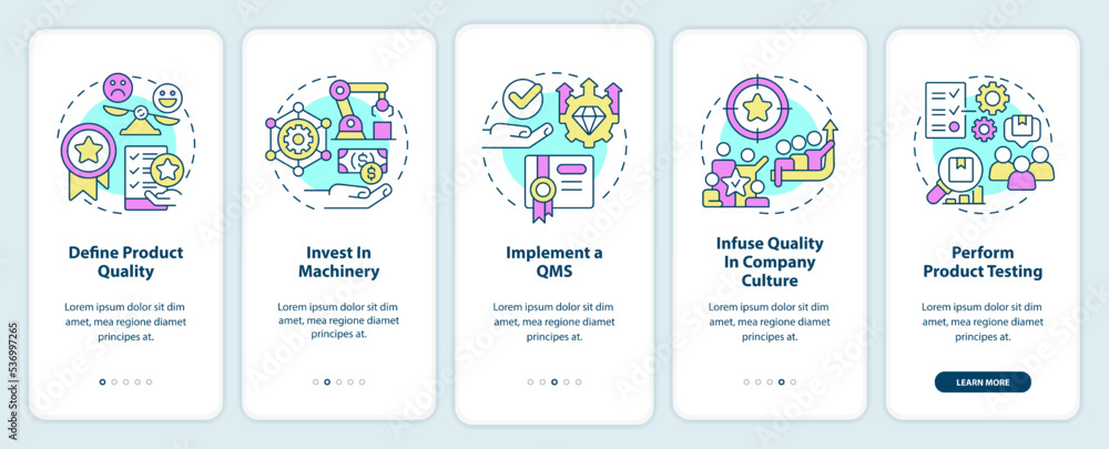 Improving product quality onboarding mobile app screen. Brand walkthrough 5 steps editable graphic instructions with linear concepts. UI, UX, GUI template. Myriad Pro-Bold, Regular fonts used