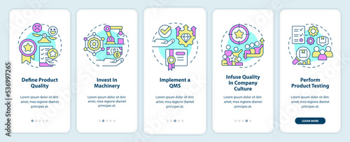 Improving product quality onboarding mobile app screen. Brand walkthrough 5 steps editable graphic instructions with linear concepts. UI, UX, GUI template. Myriad Pro-Bold, Regular fonts used