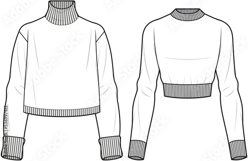 Turtleneck Long Sleeve Crop Top, High Neck Long Sleeve Crop Top, Winter Long Sleeve Crop Top and Sweater Sets Fashion Illustration, Vector, CAD, Technical Drawing, Flat Drawing, Template, Mockup.
