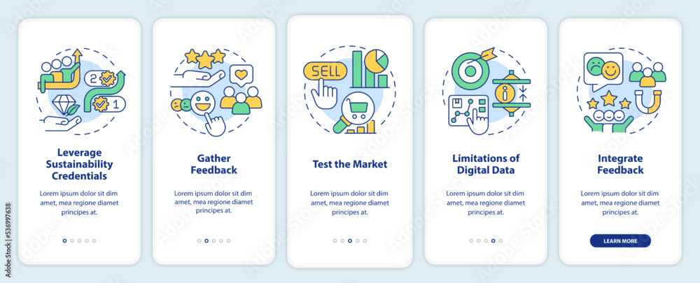 Ways to sustain your brand onboarding mobile app screen. Development walkthrough 5 steps editable graphic instructions with linear concepts. UI, UX, GUI template. Myriad Pro-Bold, Regular fonts used
