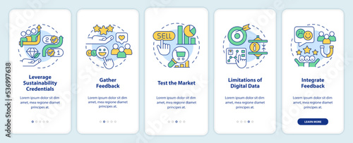 Ways to sustain your brand onboarding mobile app screen. Development walkthrough 5 steps editable graphic instructions with linear concepts. UI, UX, GUI template. Myriad Pro-Bold, Regular fonts used
