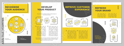 Brand longevity establishment yellow brochure template. Business. Leaflet design with linear icons. Editable 4 vector layouts for presentation, annual reports. Arial, Myriad Pro-Regular fonts used