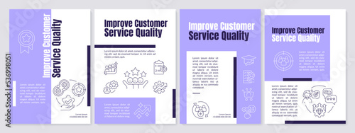 Improve customer service quality ways purple brochure template. Leaflet design with linear icons. Editable 4 vector layouts for presentation, annual reports. Anton, Lato-Regular fonts used