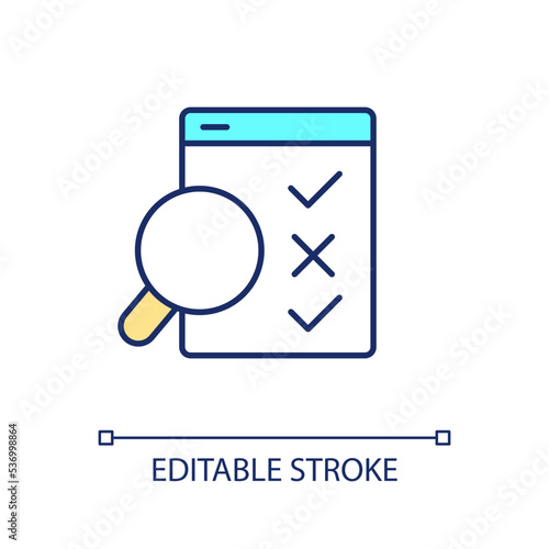 Search mistake RGB color icon. Find problem. Identify flaws. Checkup and audit. Checklist with undone task. Isolated vector illustration. Simple filled line drawing. Editable stroke. Arial font used