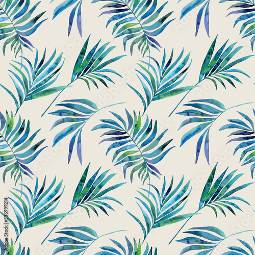 Watercolor tropical palm leaves illustration seamless pattern. On light background. Hand-painted. Floral elements, palm leaves.