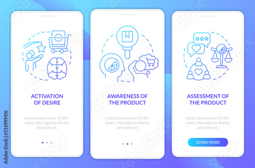Sensory system in customer behaviour blue gradient onboarding mobile app screen. Walkthrough 3 steps graphic instruction with linear concepts. UI, UX, GUI template. Myriad Pro-Bold, Regular fonts used