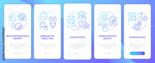 Ambient scent marketing pros blue gradient onboarding mobile app screen. Walkthrough 5 steps graphic instructions with linear concepts. UI, UX, GUI template. Myriad Pro-Bold, Regular fonts used