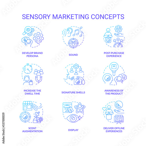 Sensory marketing blue gradient concept icons set. Appealing to customer senses idea thin line color illustrations. Brand development. Isolated symbols. Roboto-Medium, Myriad Pro-Bold fonts used