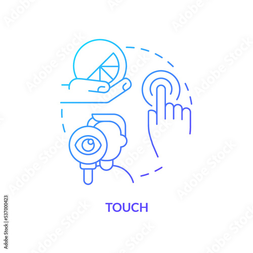 Touch blue gradient concept icon. Sensory marketing sense abstract idea thin line illustration. Customer feels physical products. Personalization. Isolated outline drawing. Myriad Pro-Bold font used