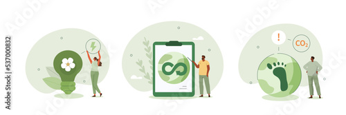 Circular economy illustration set. Sustainable economic growth, green energy and reduce co2 emission and climate impact. ESG, green energy and industry concept. Vector illustration. photo