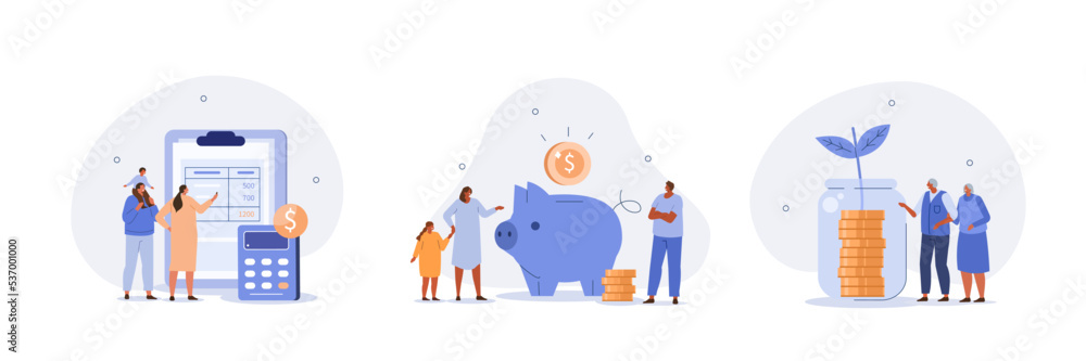 Family income set. Characters planning and bookkeeping budget and household spending. People making savings in piggy bank. Financial management concept. Vector illustration. - obrazy, fototapety, plakaty 
