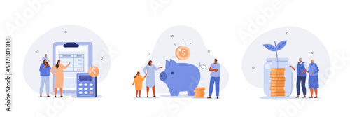 Family income set. Characters planning and bookkeeping budget and household spending. People making savings in piggy bank. Financial management concept. Vector illustration. photo