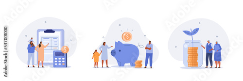 Family income set. Characters planning and bookkeeping budget and household spending. People making savings in piggy bank. Financial management concept. Vector illustration.