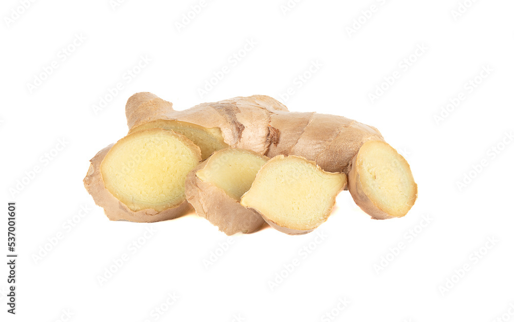 Sliced ginger root isolated on white background. Sliced ginger root isolated on white background.