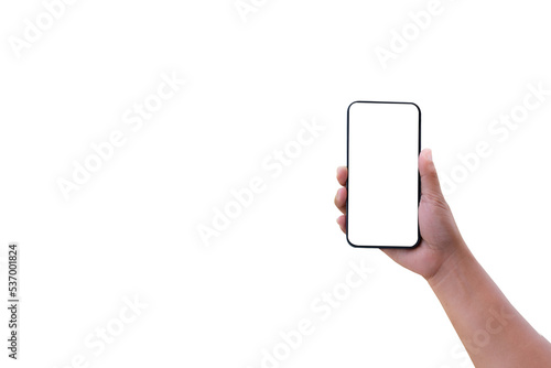 Hand holding smartphone with blank screen isolated on transparency background with clipping path. ideas design business technology concept