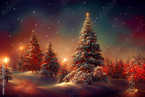Modern Merry christmas and New year with red background. christmas tree greeting card design and sale banner with realistic 3d christmas objects composition. © helen_f