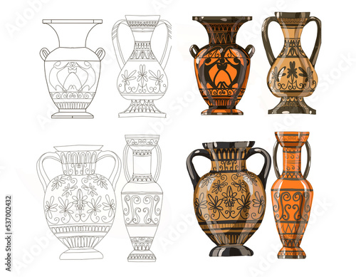 greek vases art culture antiquity classics set isolated on white background hand drawn tableware separately