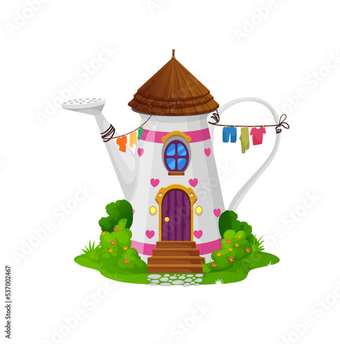 Cartoon watering can fairytale building or elf dwelling. Vector fairy tale fantasy house in garden tool, home for gnome or elf with hearts, round window, drying clothes on rope, wooden door on field