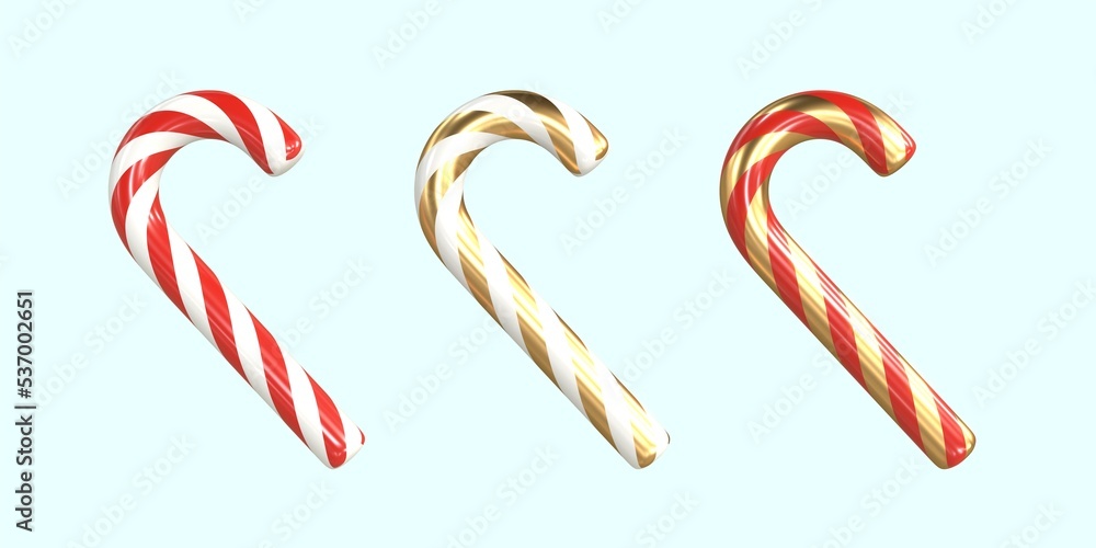 3d set of candy golden and red canes composition. Realistic render xmas plastic winter decorations visualization. Merry Christmas, Happy New Year greeting card. Rendering sweet candy cane stick