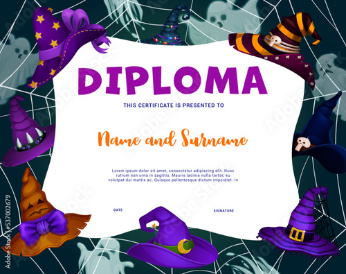Kids diploma. Cartoon Halloween ghosts and witch hats in cobweb. Children education creepy diploma, Halloween holiday kids vector certificate, child achievement or school graduation award template