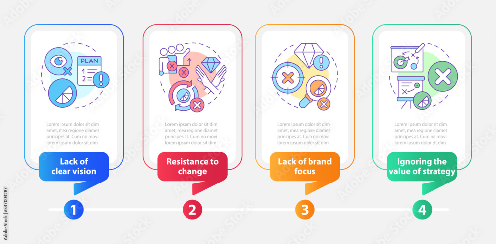 Brand longevity challenges rectangle infographic template. Issues. Data visualization with 4 steps. Editable timeline info chart. Workflow layout with line icons. Myriad Pro-Bold, Regular fonts used Brand longevity challenges rectangle infographic template. Issues. Data visualization with 4 steps. Editable timeline info chart. Workflow layout with line icons. Myriad Pro-Bold, Regular fonts used